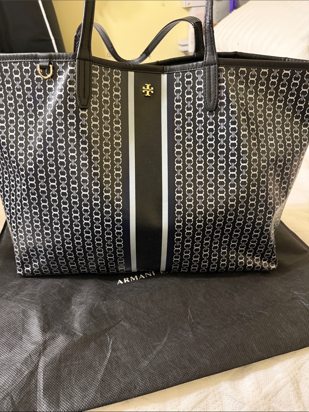Tory Burch Black and White Signature Stripe Tote ( final sale)